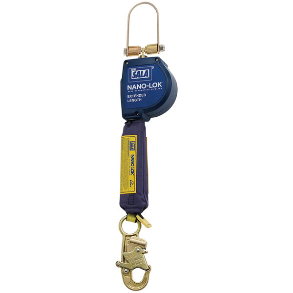A blue and yellow 3M DBI-SALA Nano-Lok self-retracting lanyard with a hook.