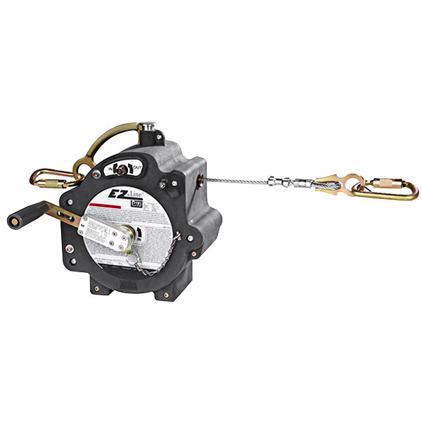 A black and silver 3M DBI-SALA EZ-Line retractable reel device with a cable attached to it.