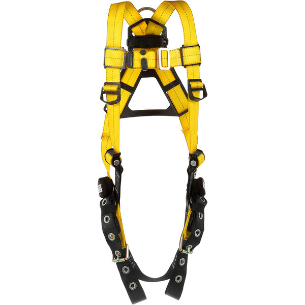 A yellow safety harness with black straps.