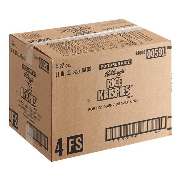 A case of 4 Kellogg's Rice Krispies cereal boxes with black text on white background.