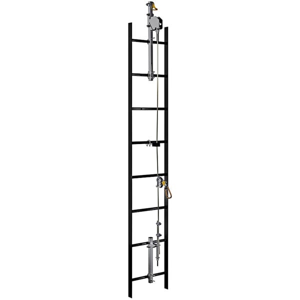 3M DBI-SALA Lad-Saf Steel 2 User Vertical Safety System bracketry with black metal ladder safety lines on a white background.