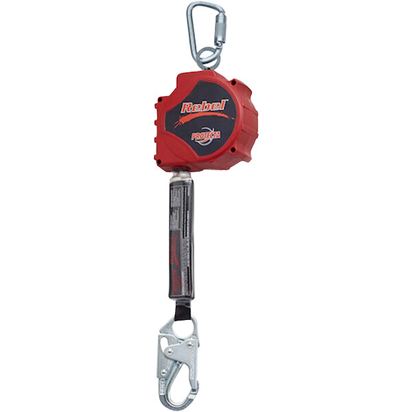 A red and black 3M Protecta Rebel self-retracting lifeline with a metal hook.