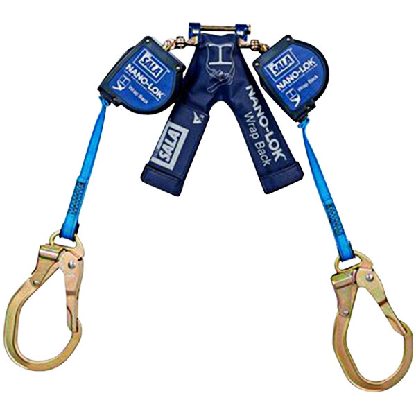 A close-up of a blue 3M Nano-Lok lanyard with metal hooks.