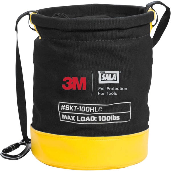 A white 3M DBI-SALA spill control bucket with a black and yellow strap.