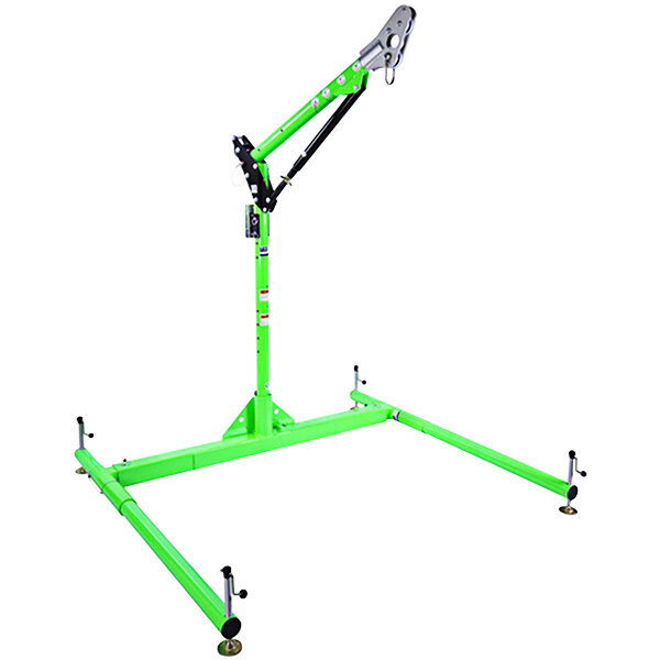 A green metal 3M DBI-SALA crane with black wheels.