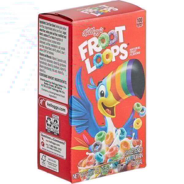 A red and white Kellogg's Froot Loops cereal box with a cartoon bird on it.