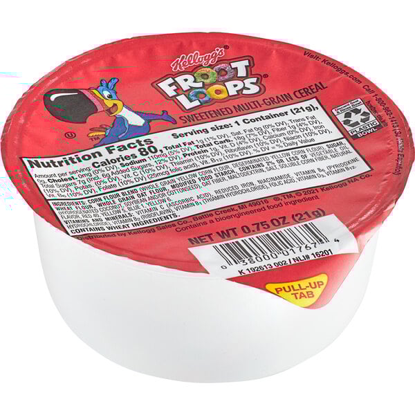 A white container of Kellogg's Froot Loops Cereal with a red lid.