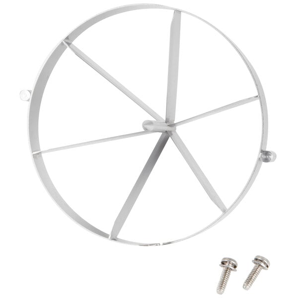 A white metal circular blade assembly with six metal bars and screws.