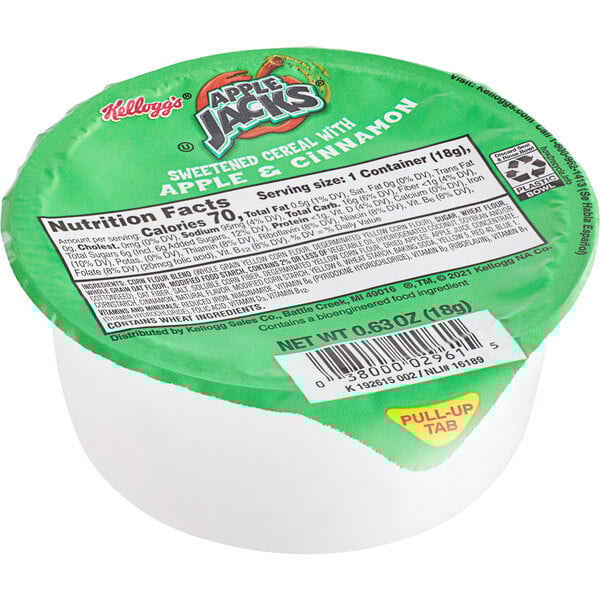 A Kellogg's Apple Jacks single-serve cereal bowl with a lid.