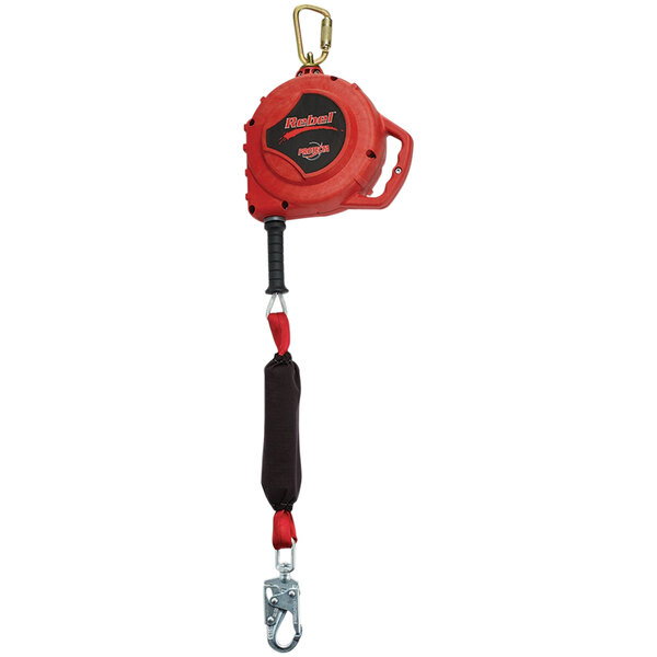 A 3M Protecta Rebel red and black self-retracting lifeline with a hook.