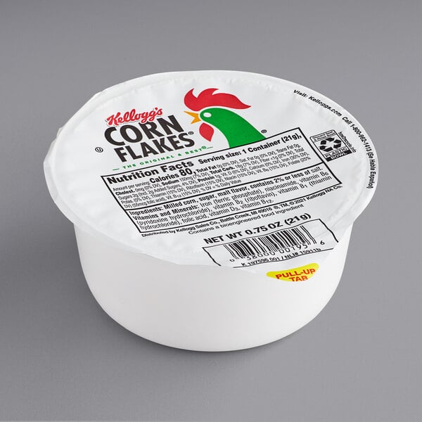 A white container of Kellogg's Corn Flakes with a red rooster on it.