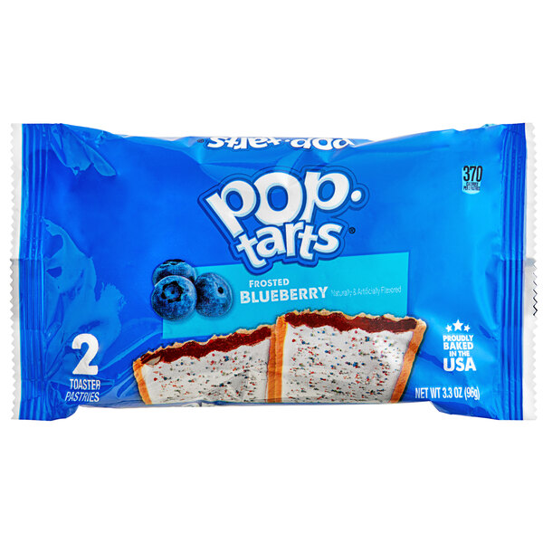 A blue Pop-Tarts bag with a close-up of two frosted blueberry Pop-Tarts.
