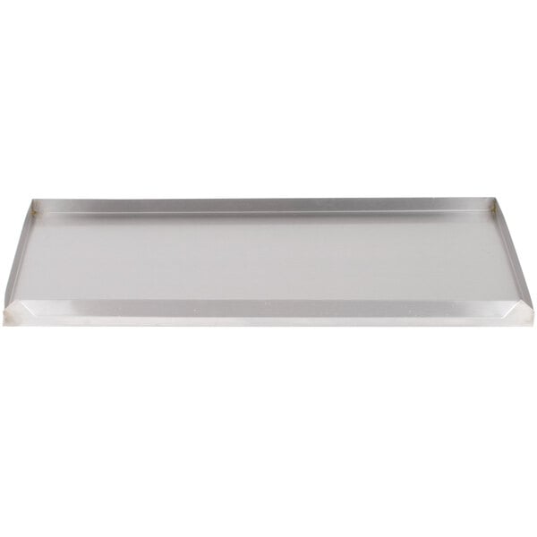 A silver rectangular metal tray with a handle.