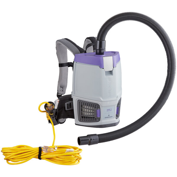 A ProTeam backpack vacuum with a hose attached to a tube.