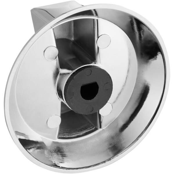 A silver Cooking Performance Group oven knob with a black center.