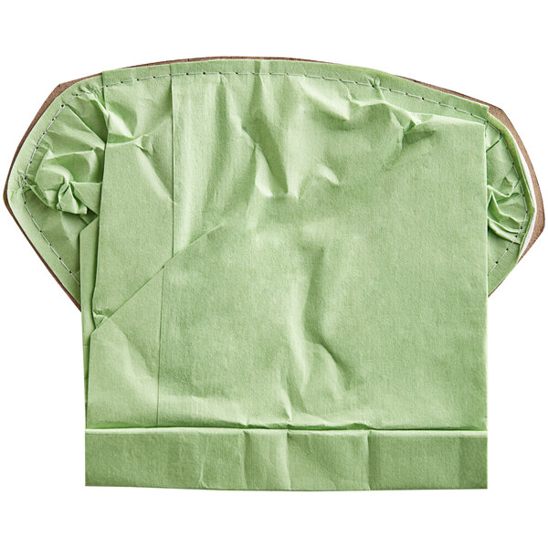 A green paper bag with a green stitched edge.