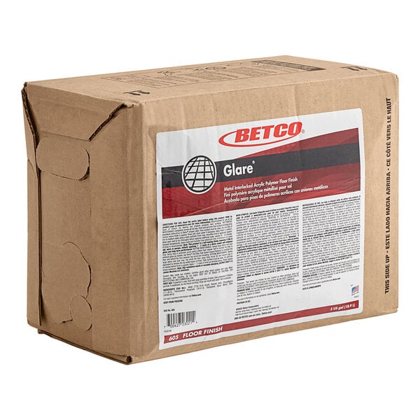 A brown Betco bag in box with a white label for 5 gallons of Betco Glare floor finish.