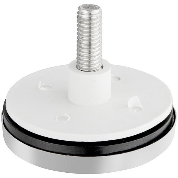 A silver screw with a round base and a black circle on top.