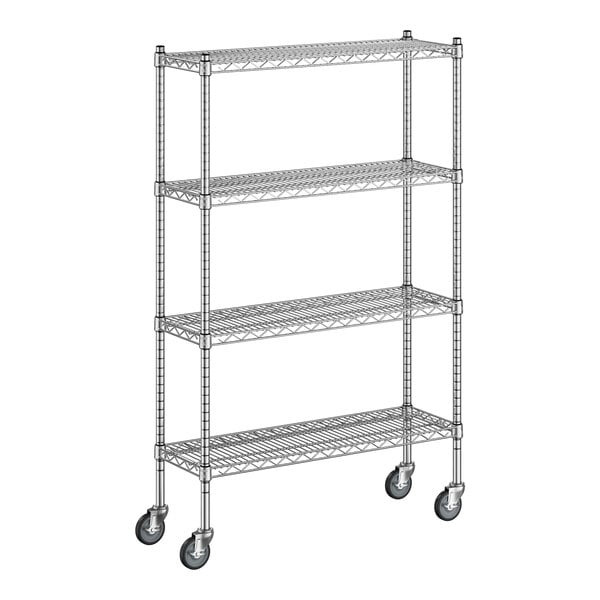 A Regency chrome wire shelving unit with wheels.
