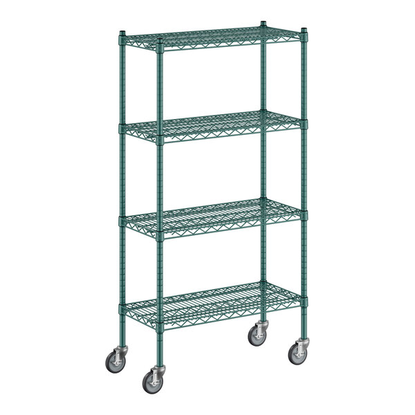 A green metal Regency wire shelving unit with wheels.