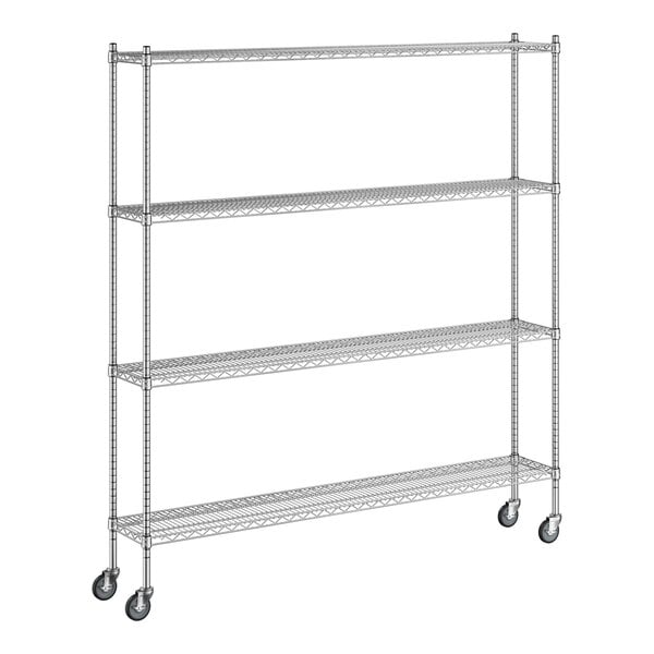 A Regency chrome mobile wire shelving starter kit with 4 shelves.