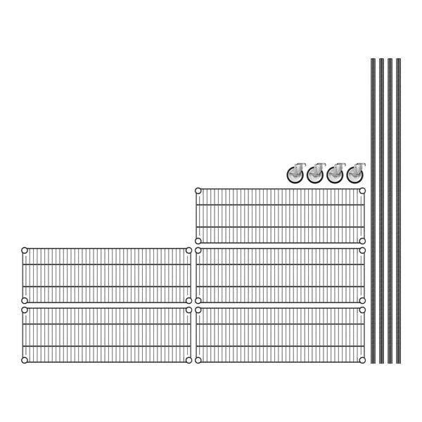 A black wire rack with 5 shelves and black lines.