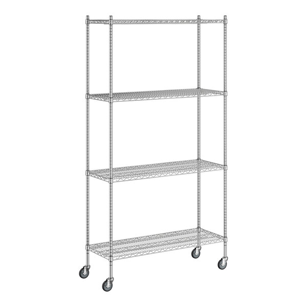 A Regency chrome wire shelving unit with wheels.