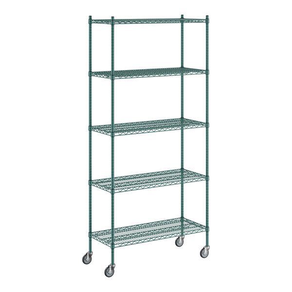 A Regency green wire shelving unit with wheels.