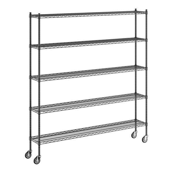 A black Regency wire shelving unit with wheels.