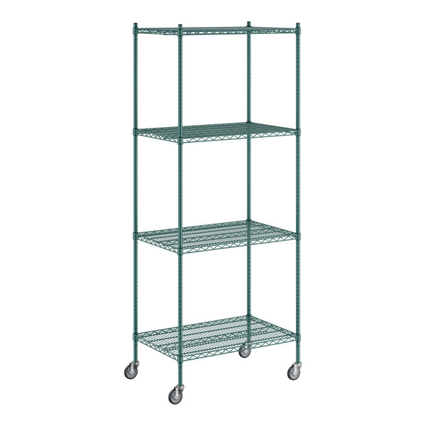 A green Regency wire shelving unit with wheels.