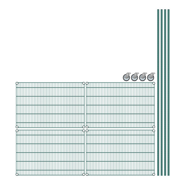 A Regency wire shelving unit with green epoxy coated metal shelves and poles.