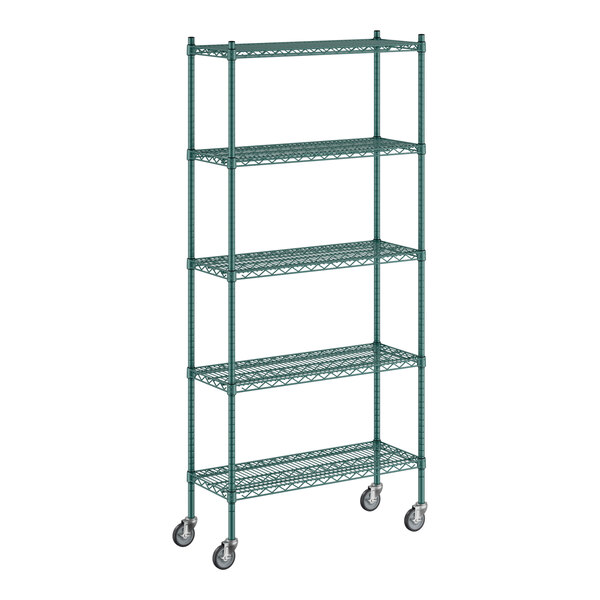 A Regency green wire shelving unit with wheels.