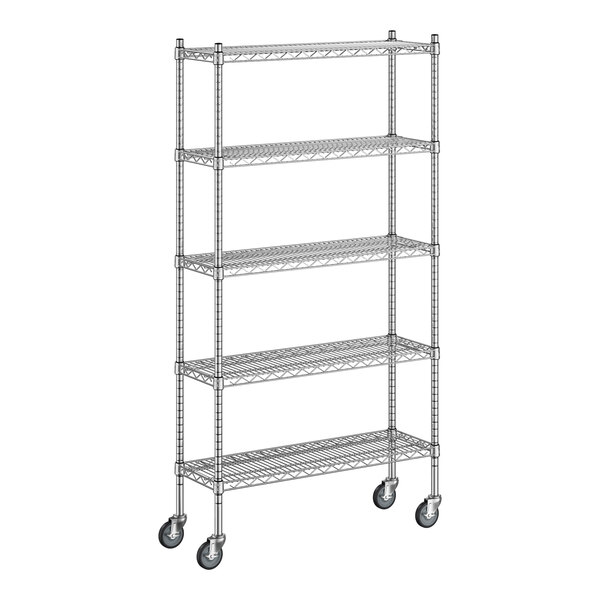 A Regency stainless steel wire shelving unit with wheels.