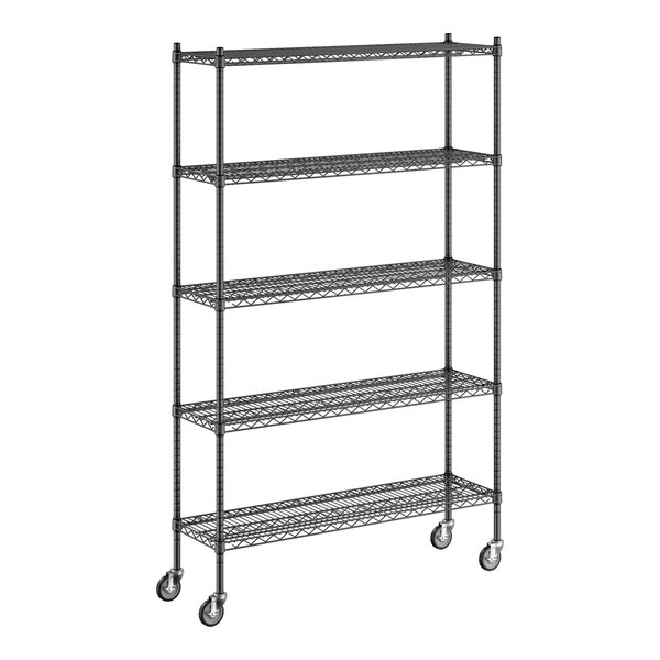 A Regency black wire shelving unit with wheels.