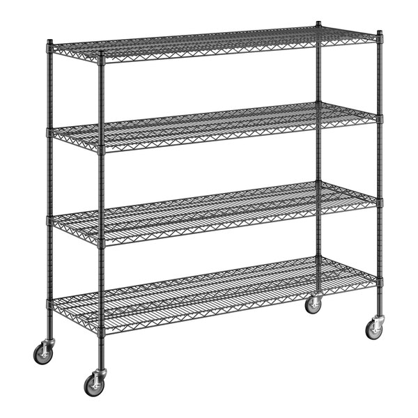 A black wire Regency shelving unit with wheels.