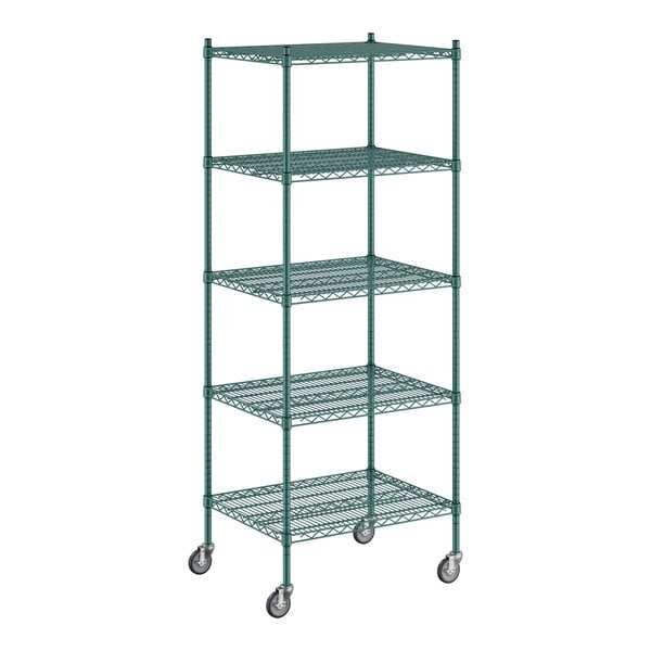 A green Regency wire shelving unit with wheels.