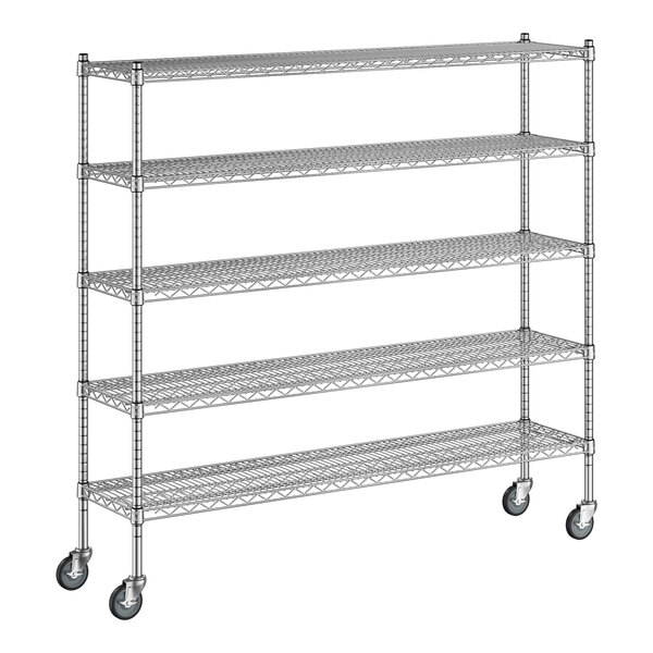 A Regency chrome wire shelving unit with wheels.