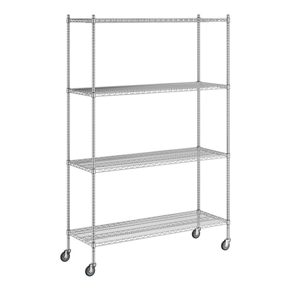 A Regency chrome wire shelving unit with wheels.