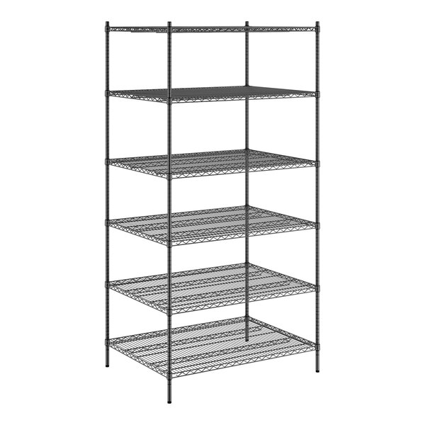 A black wire Regency shelving unit with six shelves.