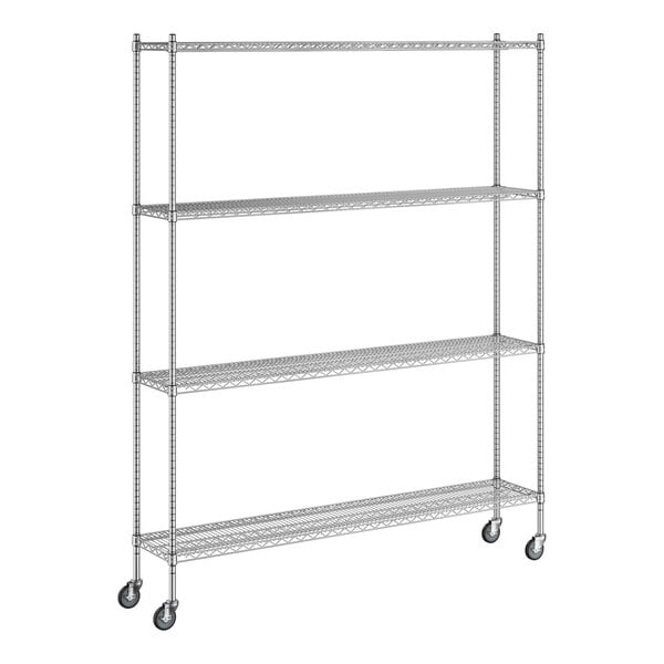 A Regency chrome mobile wire shelving unit with wheels.