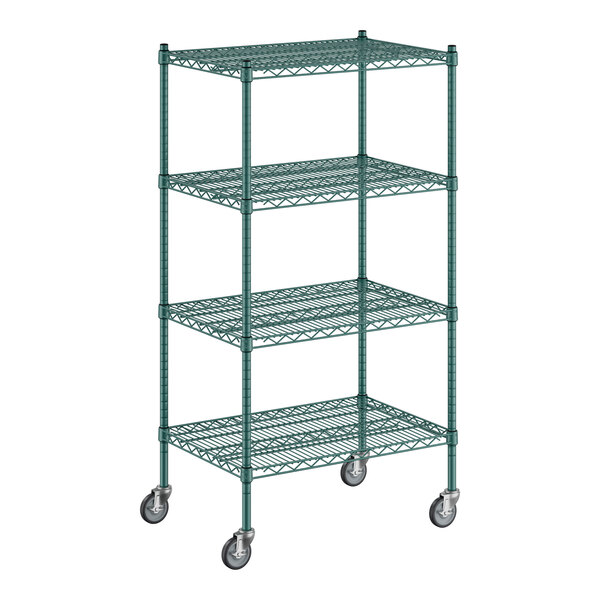 A Regency green wire shelving unit with wheels.