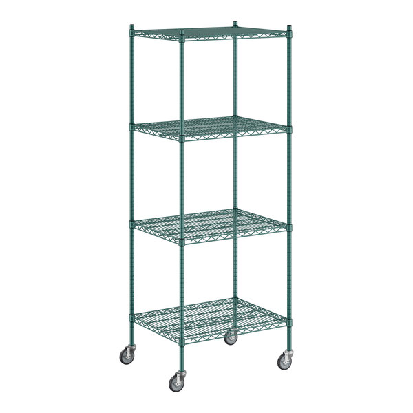 A Regency green wire shelving unit with wheels.