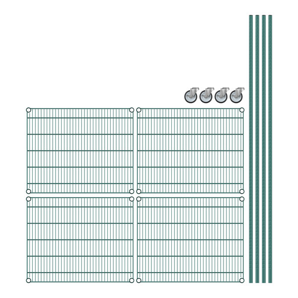A Regency green wire shelving unit with four shelves.