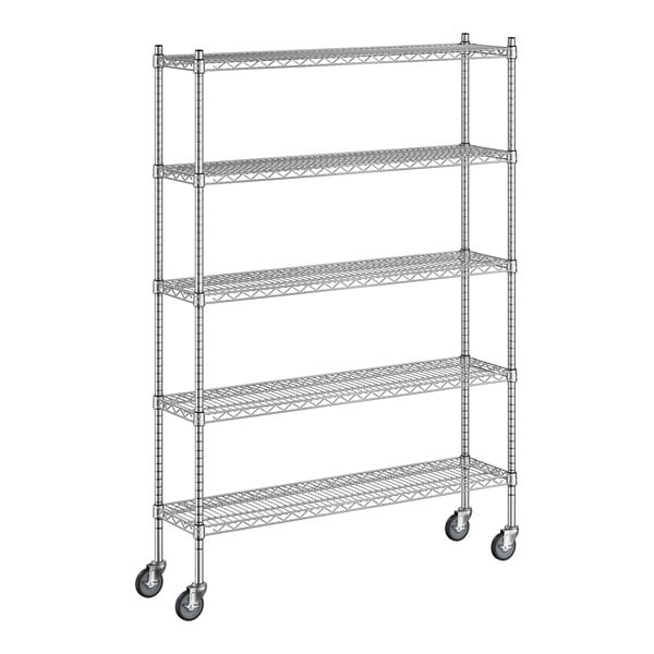 A Regency stainless steel wire shelving unit with wheels.