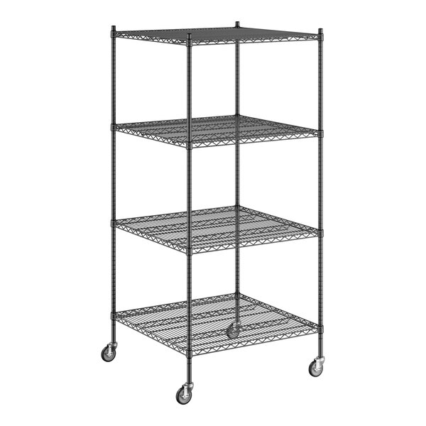 A Regency black wire shelving unit with wheels.