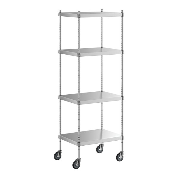 A Regency stainless steel mobile shelving unit with 4 shelves and wheels.