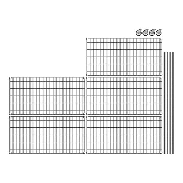 Regency black wire shelving with 5 shelves and wheels, made of wire mesh.