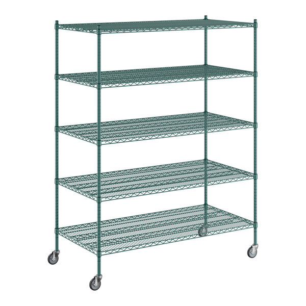 A green Regency wire shelving unit with five shelves.