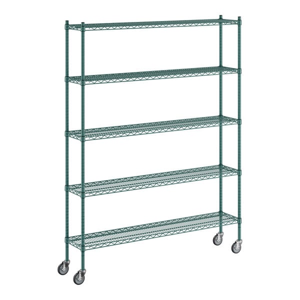 A green metal Regency wire shelving unit with wheels.