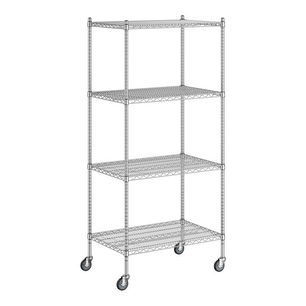 A Regency stainless steel wire shelving unit with wheels.